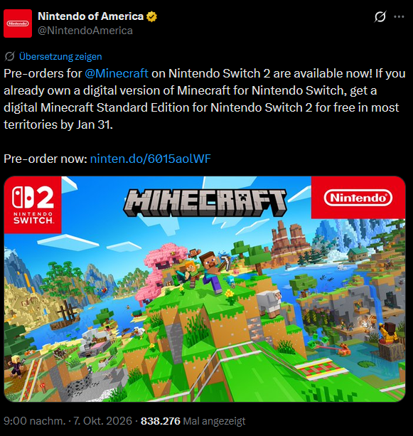 Screenshot 1 zu Minecraft Upgrade auf Switch 2 nur digital kostenfrei?